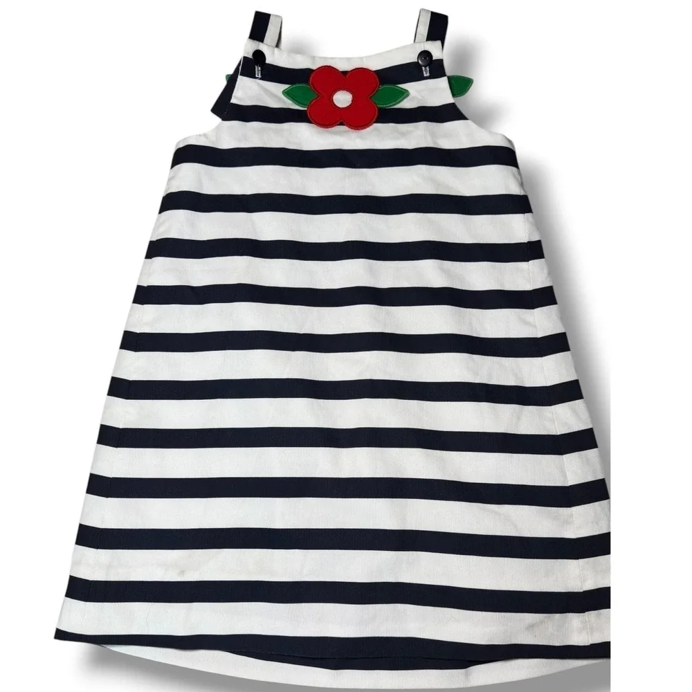 Florence Eiseman Dress Kids 5 Navy White Striped Flower Applique Nautical Summer